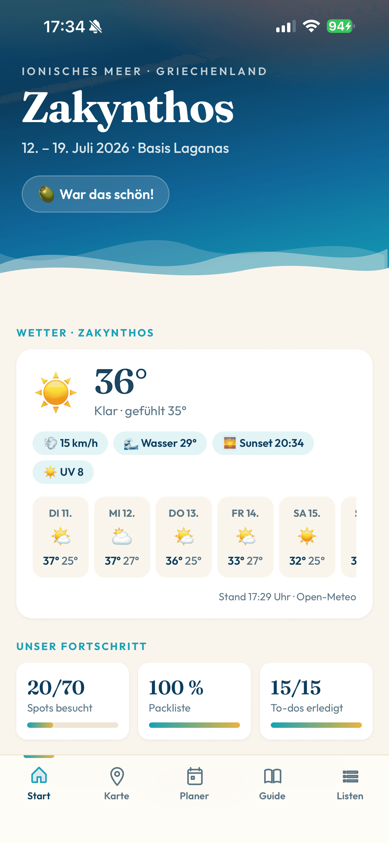 Handy-Ansicht 1: Organisations-App für eine Reise